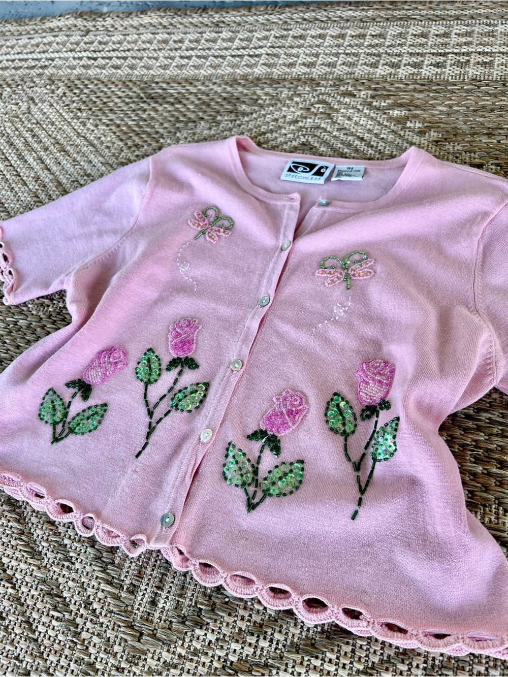 Speechless Pink VintageY2k Button-Down Cardigan with Rose Sequin Embroidery